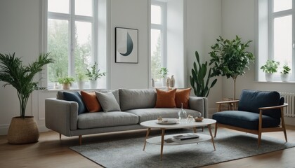 A modern living room designed with a sofa, neutral pillows, and minimalist decor. The space includes indoor plants, floor lamps, and framed artwork on the walls