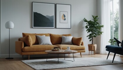 A bright and airy living room featuring a couch, white cushions, and wooden furniture. The room is decorated with potted plants, framed art, and soft lighting