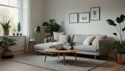 A bright and airy living room featuring a couch, white cushions, and wooden furniture. The room is decorated with potted plants, framed art, and soft lighting