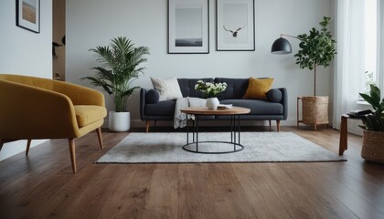 A bright and airy living room featuring a couch, white cushions, and wooden furniture. The room is decorated with potted plants, framed art, and soft lighting