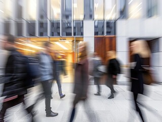 Blurred image of people moving quickly on a city street, showcasing the fast-paced nature of urban life and busy lifestyle.