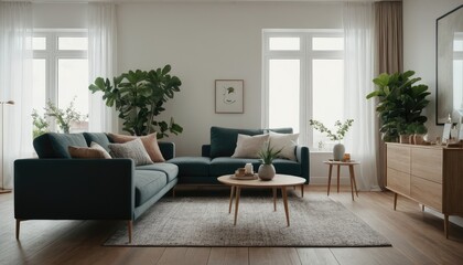 A bright and airy living room featuring a couch, white cushions, and wooden furniture. The room is decorated with potted plants, framed art, and soft lighting
