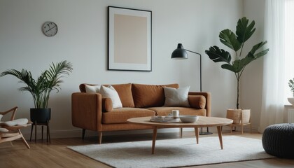 A bright and airy living room featuring a couch, white cushions, and wooden furniture. The room is decorated with potted plants, framed art, and soft lighting