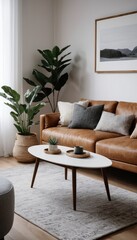 A serene living room with a sofa, light-colored pillows, and minimalistic decor. The space is enhanced by indoor plants, soft lighting from floor lamps, and simple artwork