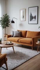 A serene living room with a sofa, light-colored pillows, and minimalistic decor. The space is enhanced by indoor plants, soft lighting from floor lamps, and simple artwork