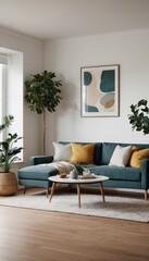 A serene living room with a sofa, light-colored pillows, and minimalistic decor. The space is enhanced by indoor plants, soft lighting from floor lamps, and simple artwork