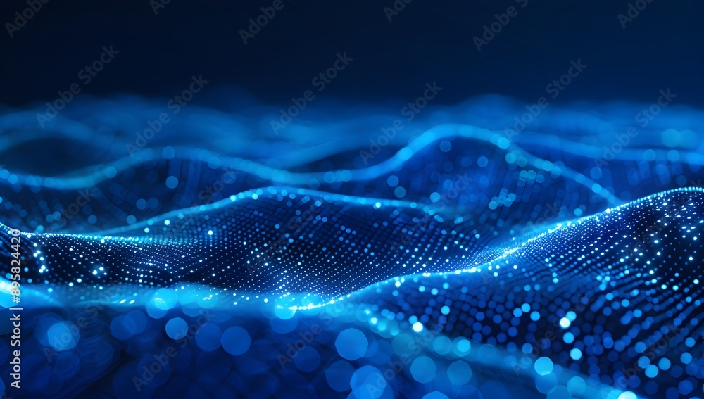 Poster abstract digital background with blue glowing dots forming wave patterns on a dark gradient, represe