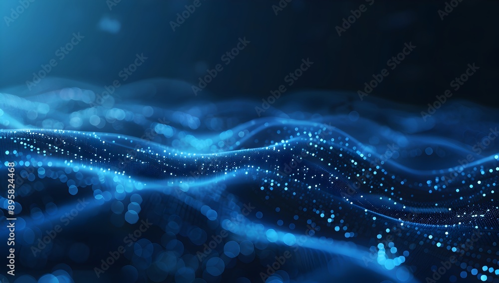 Poster abstract digital background with blue glowing dots forming wave patterns on a dark gradient, represe