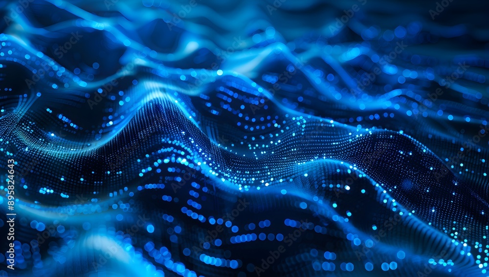 Poster abstract digital background with blue glowing dots forming wave patterns on a dark gradient, represe