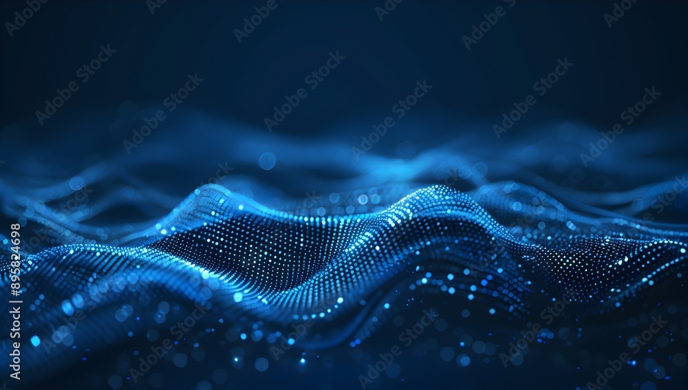 Poster abstract digital background with blue glowing dots forming wave patterns on a dark gradient, represe