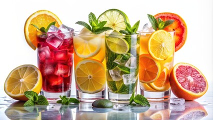 Vibrant arrangement of four colorful, refreshing cocktails with citrus fruits and ice on a transparent background, perfect for summer.