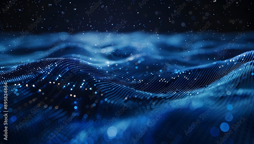 Poster abstract digital background with blue glowing dots forming wave patterns on a dark gradient, represe