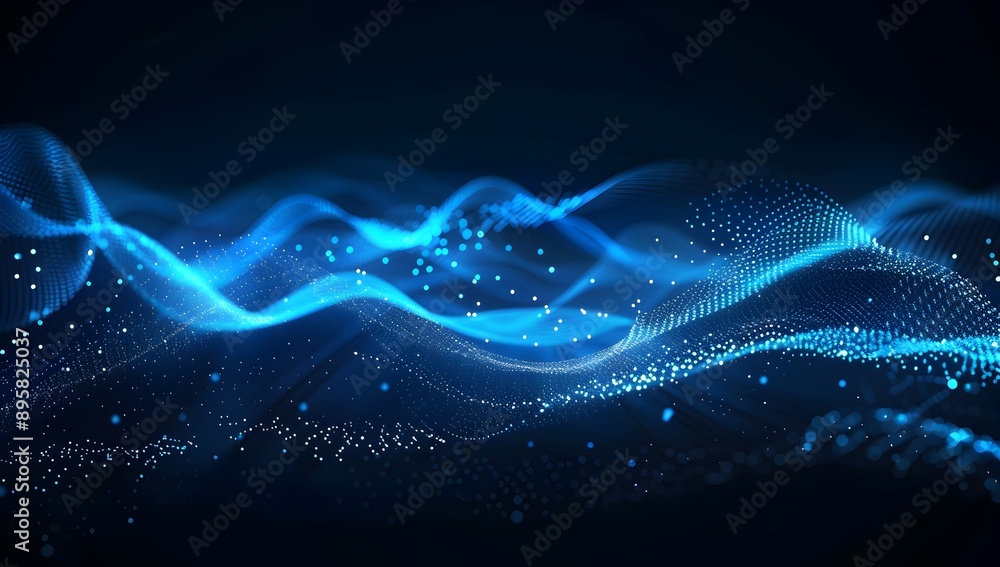 Poster abstract digital background with blue glowing dots forming wave patterns on a dark gradient, represe