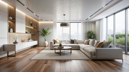 Fototapeta premium Serene minimalist interior with pristine white walls, sleek wooden floors, and sparse modern decor exudes understated luxury and refined sophistication.
