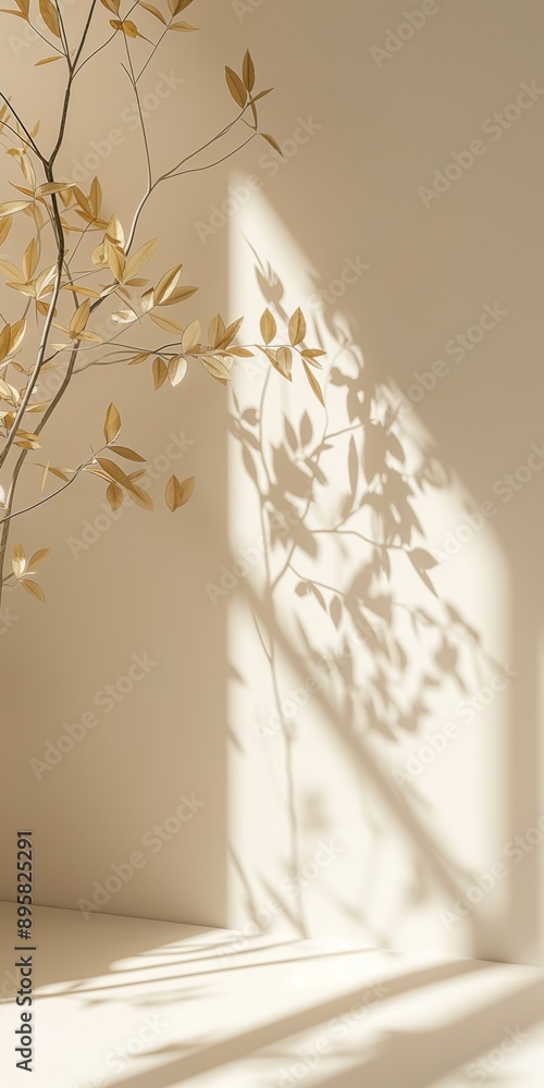 Poster a tree casts a shadow on a wall. the shadow is long and thin, and the tree is bare. scene is peacefu
