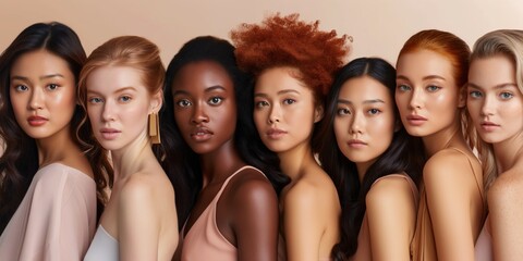 Fototapeta premium A group of women with different skin tones are standing in a row. Concept of diversity and inclusivity, celebrating the beauty of all skin tones