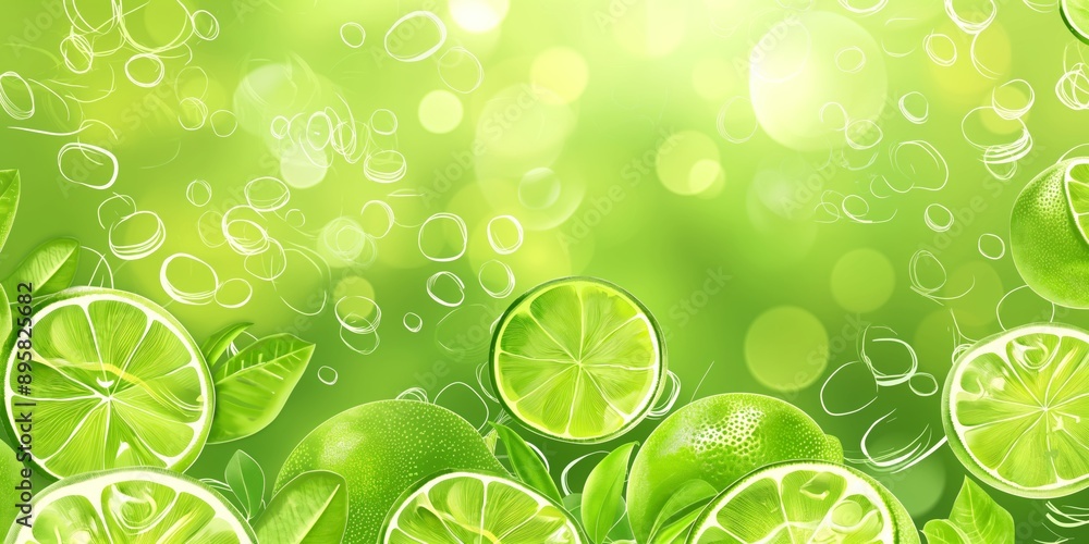 Aufkleber a green background with lime slices on it. the lime slices are in different sizes and are scattered 