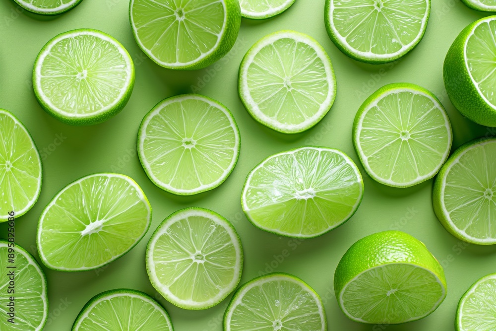 Aufkleber a close up of green lime slices on a green background. the lime slices are cut in half and arranged 