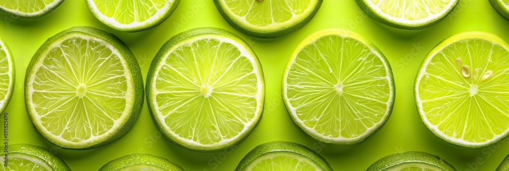 Aufkleber a close up of green lime slices on a green background. the lime slices are arranged in a row, with s
