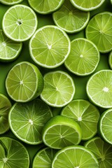 A close up of green lime slices on a green background. The lime slices are arranged in a way that they look like they are cut in half