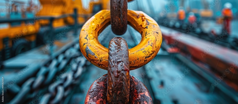 Poster close-up of a yellow and rusty chain link