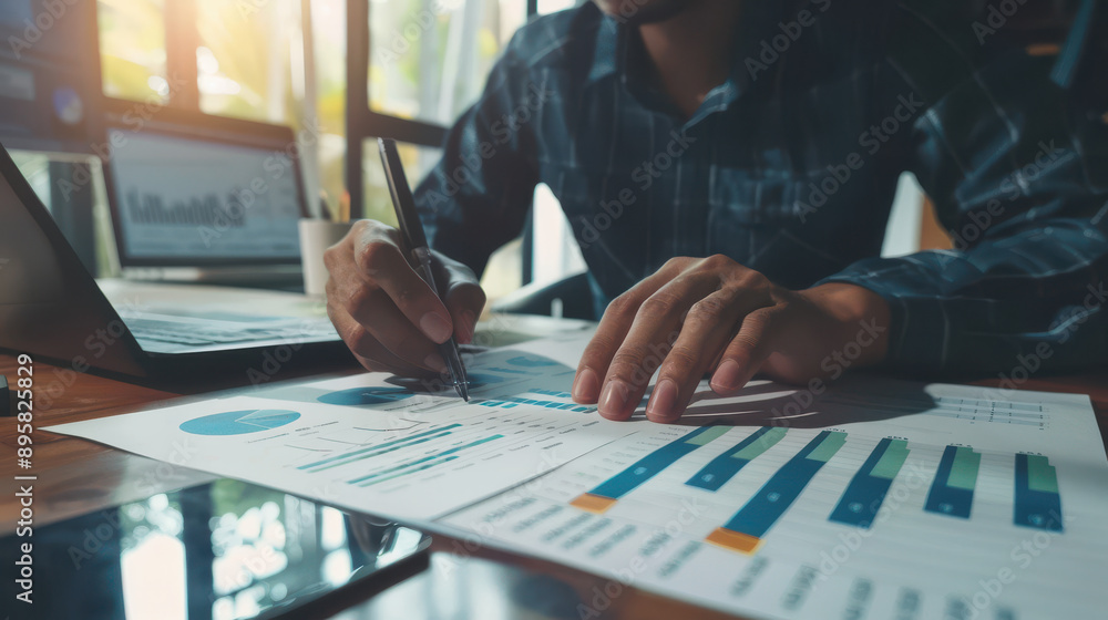Poster financial management software displaying cost efficiency metrics, businessman evaluating data