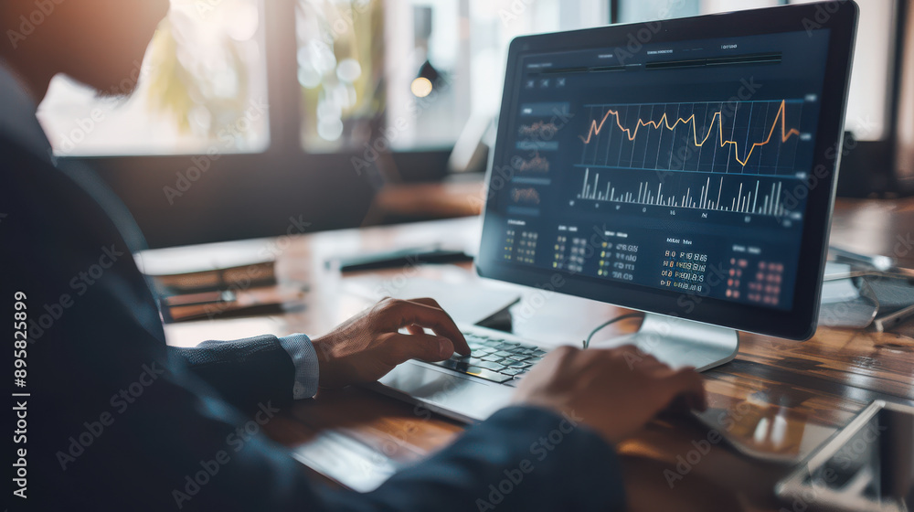 Poster financial management software displaying cost efficiency metrics, businessman evaluating data