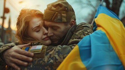 Emotional reunion of soldier and woman under Ukrainian flag. Sun setting in the background. Love, embrace, and patriotism captured in a heartfelt moment.