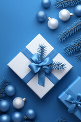 Fototapeta premium Elegant Christmas gift wrapped in white and blue, surrounded by matching ornaments and pine branches, creating a stylish holiday scene.