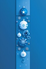Vertical arrangement of blue and white Christmas baubles and snowflakes on a blue background.