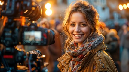 A young woman smiling for the camera. She is on a movie set, possibly an actress. 
