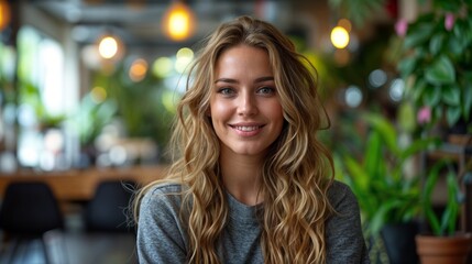 Obraz premium a young woman with long blonde hair, sitting in a restaurant with a smile on her face.