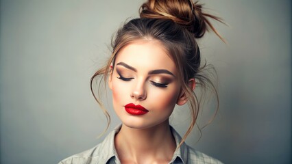 Naklejka premium Relaxed woman with long hair tied in messy bun, bold red lip color, eyes closed, exuding effortless casual charm.