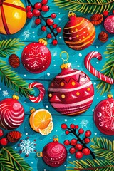 Illustrated Christmas ornaments Xmas ball and festive decorations