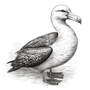 recommend clip art: Black and white Vintage engraved art of an albatross isolated on white background, ink sketch illustration, simple vector art design, highly detailed line art, high contrasty.