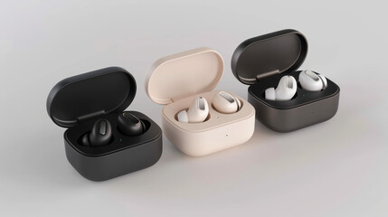 A set of wireless Bluetooth headphones in a charging case, isolated on a white background. 3D rendering of accessories designed for listening to music or remote work from home.