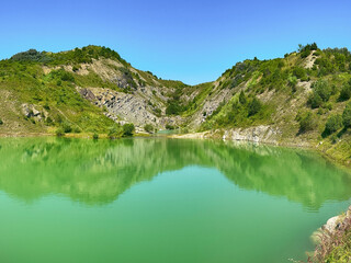 A wonderful landscape in the Carpathian mountains with a view of the lake between the rocks in...