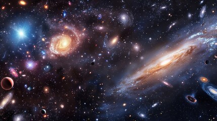 A vibrant depiction of the vastness of space featuring numerous galaxies stars and planets scattered across a dark backdrop