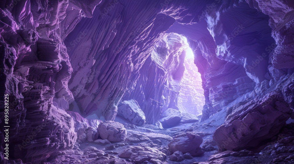 Poster a dark and mysterious cave with a glowing light illuminating the entrance