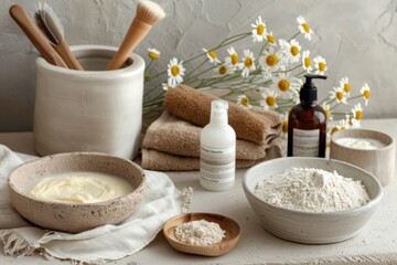 Fototapeta premium Natural skincare ingredients, including powder and liquid forms, along with brushes and tools, are arranged on a surface with chamomile flowers for a fresh, organic aesthetic.