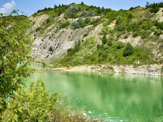A wonderful landscape in the Carpathian mountains with a view of the lake between the rocks in...