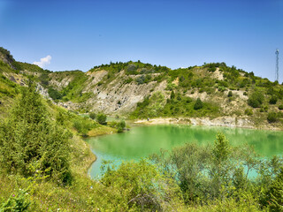 A wonderful landscape in the Carpathian mountains with a view of the lake between the rocks in...