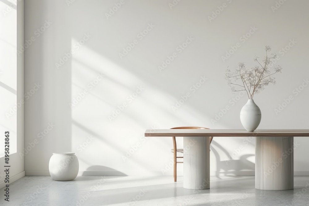 Aufkleber A minimalist room bathed in sunlight highlights a single vase placed on a modern table, epitomizing simplicity and elegance through its clean lines and natural light.