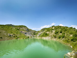 A wonderful landscape in the Carpathian mountains with a view of the lake between the rocks in...