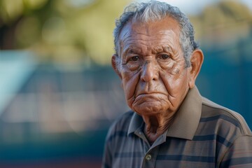 An old man wearing a striped shirt is captured on a tennis court, his aged face and solemn expression conveying a sense of wisdom or experience in this serene setting.