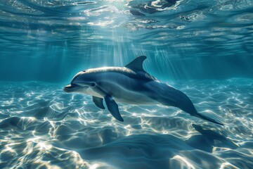 Obraz premium A majestic dolphin swims freely in a clear blue oceanic scene, surrounded by the tranquil underwater environment, showcasing its natural beauty and fluid movement.