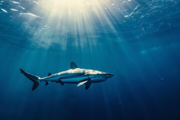A solitary shark glides through the rays of sunlit ocean water, embodying a sense of solitude and grace. The peaceful underwater scenery contrasts with its powerful presence.