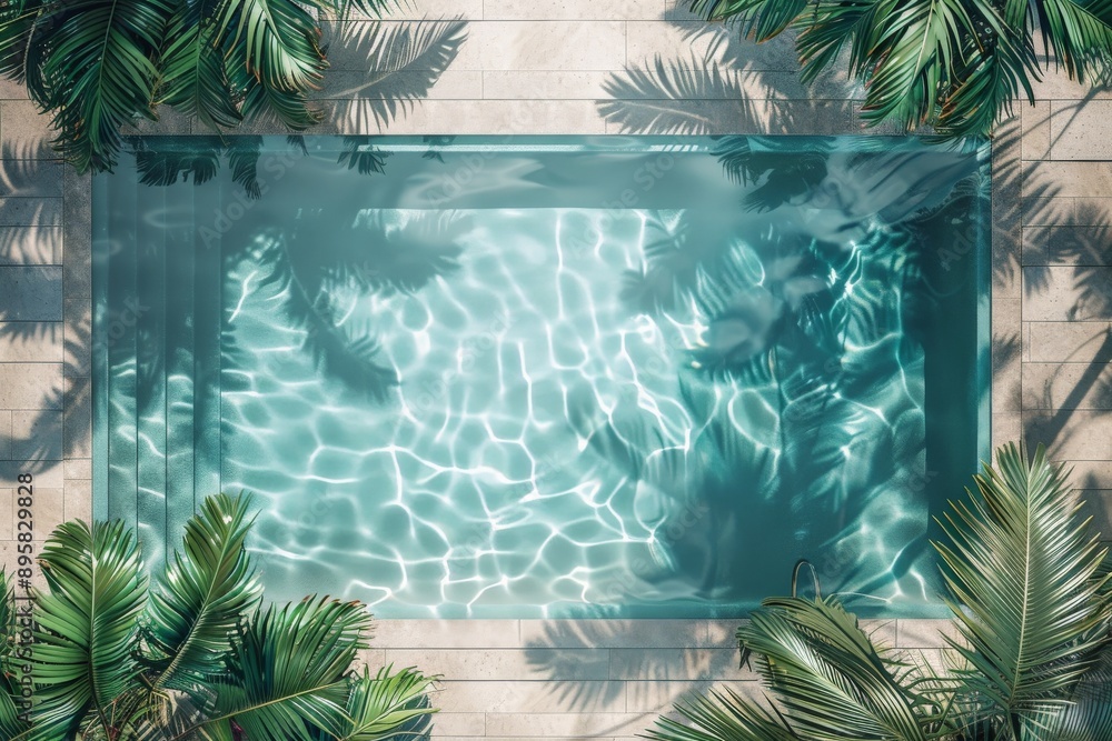 Poster An overhead view of a rectangular swimming pool surrounded by lush tropical plants, with sunlight dappling through the foliage, creating a serene and inviting atmosphere.
