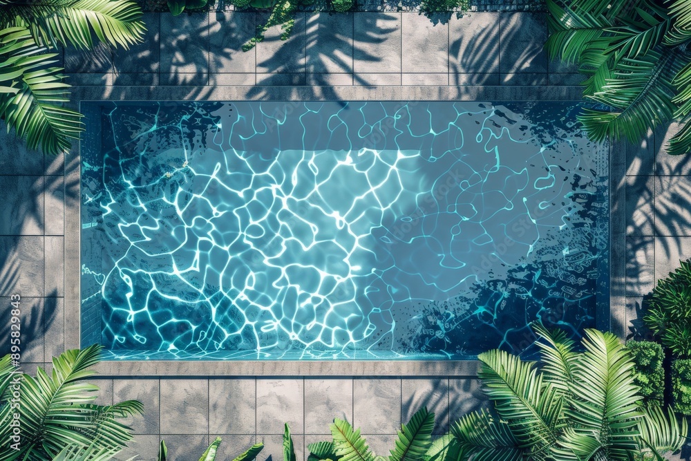 Poster this top-down image reveals a luxurious swimming pool surrounded by lush greenery, capturing serene,
