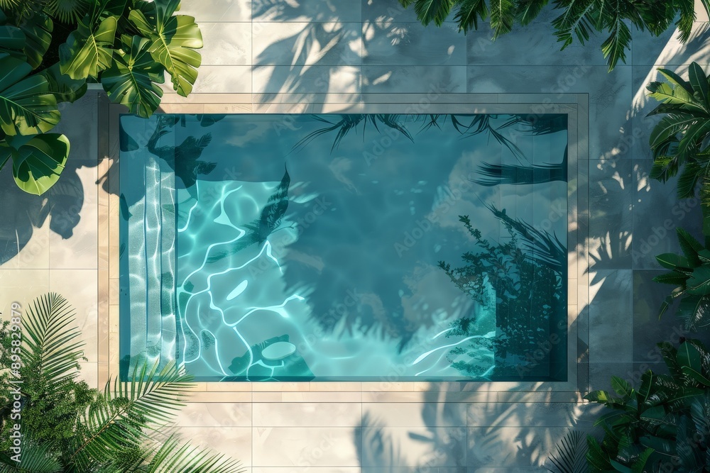 Poster a well-designed small rectangular pool in a tropical setting, captured from above, with lush greener